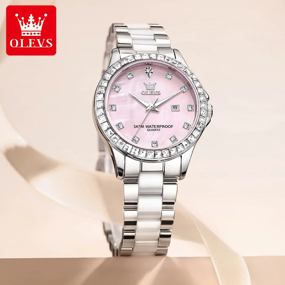 OLEVS 3651 Quartz Wristwatches Gift Box Elegant Luxury Ceramics Strap Waterproof Auto Date Diamond Bezel Dress Watches for Women