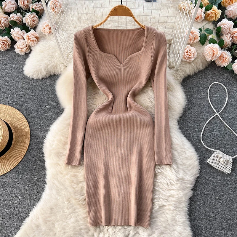 Kleider Für Frauen 2022 Sexy Liebsten Rippen Gestrickte Bodycon Kleid Frauen Winter Langarm Midi Pullover Kleid Kleidung