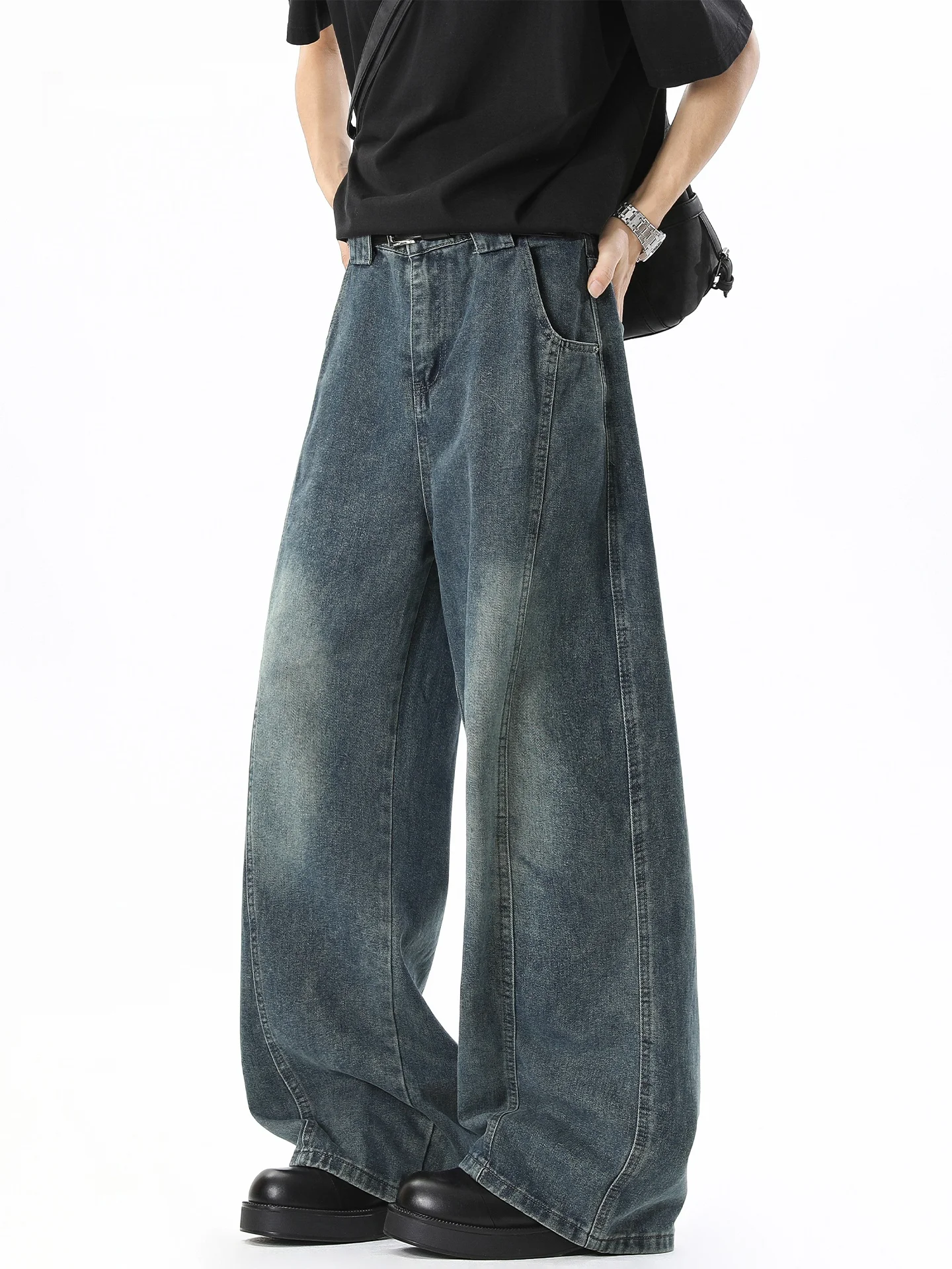 

American Cleanfit Straight Leg Jeans Men Summer High Street Trendy Loose Wide Leg Long Pants Vintage Splice Middle Waist