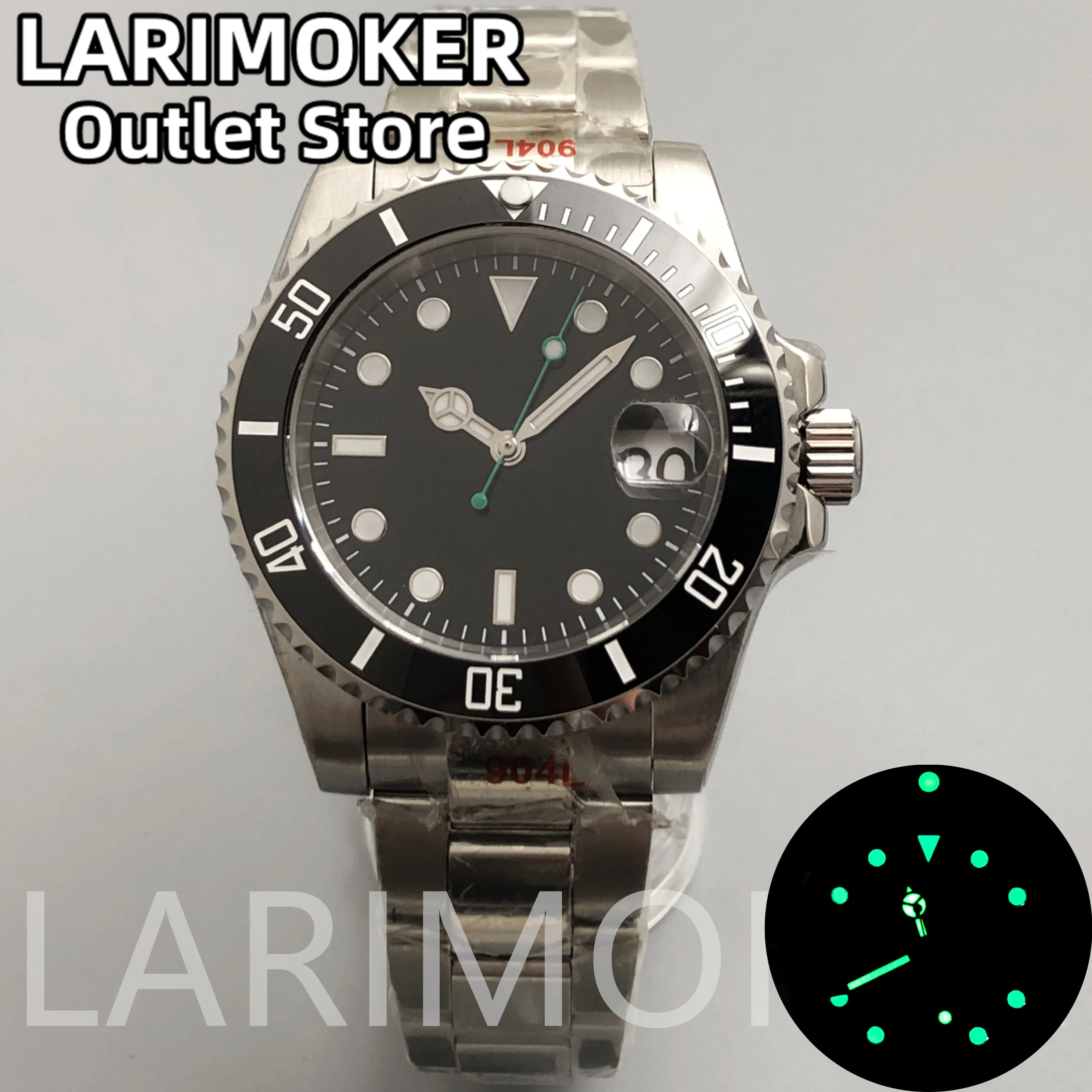 LARIMOKER 40mm Black NH35 Movement Automatic Men Watch Solid Stainless Steel Strap Green Luminous Sapphire Glass Date Magnifier