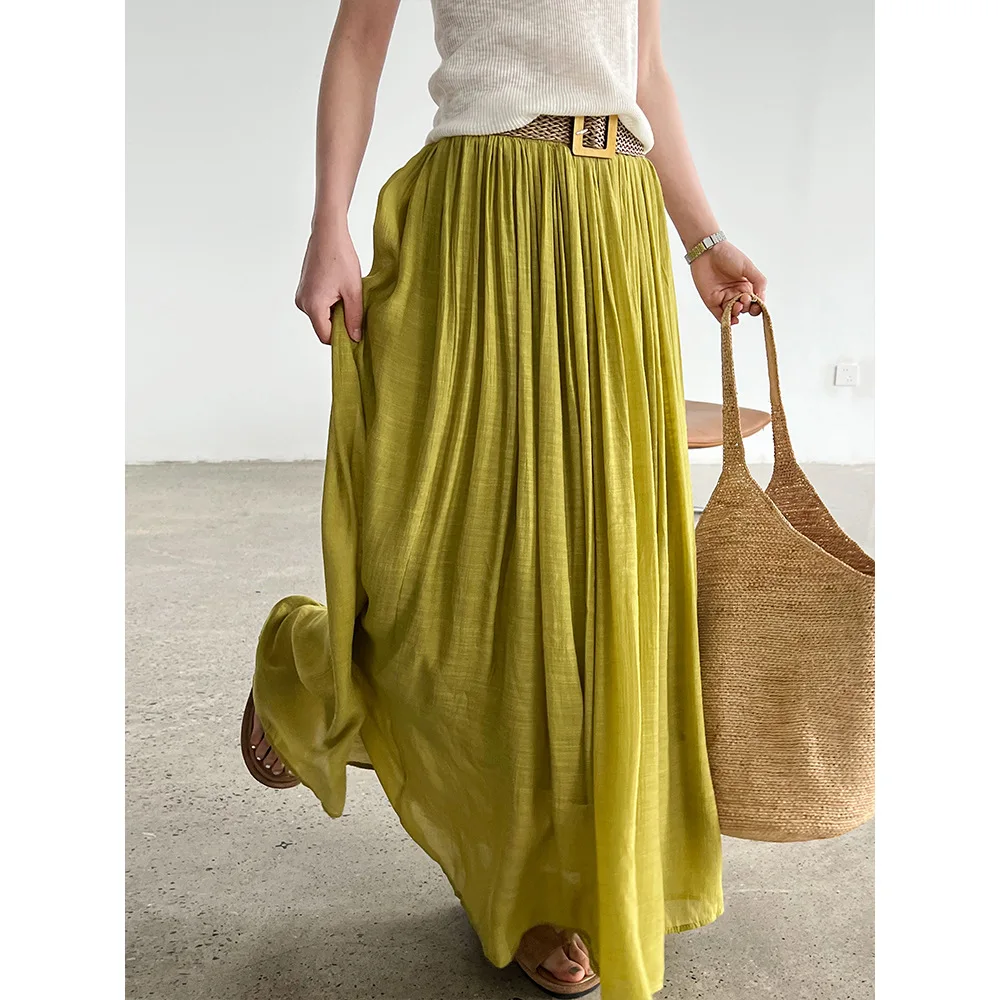 

Summer Ele Pleated Loose Waist Long Skirt with Belt Artistic Draped Sle High Waist Elastic Waist Big Swing Free Spirit