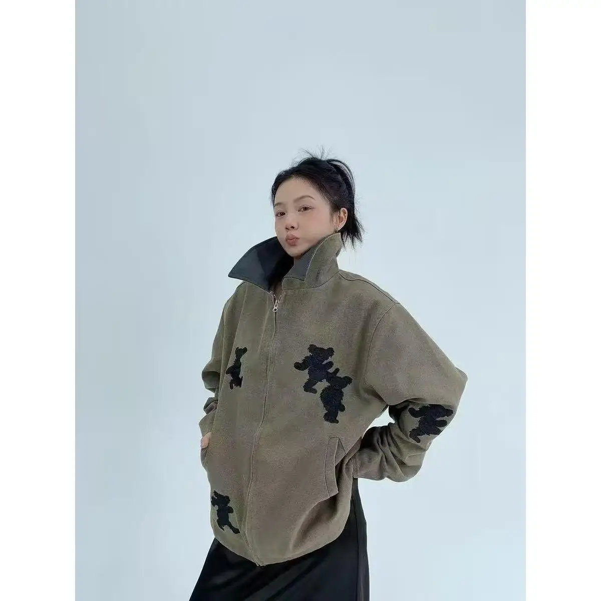 

Spring Autumn Loose Men's Jaet Hip Hop Sle High Street Trend Harajuku Korean Version Casual Coat Stand Fit Long Sve