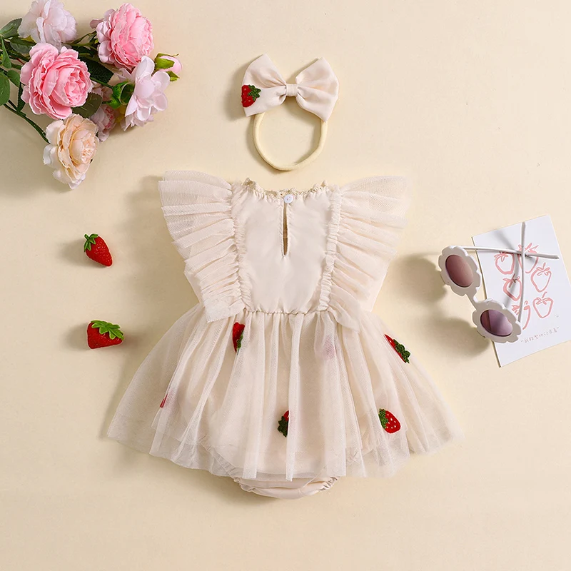 Baby Girl Tulle Princess Romper Dress Embroidery Flying Sleeve Mesh Tulle Jumpsuits For Newborn Clothes