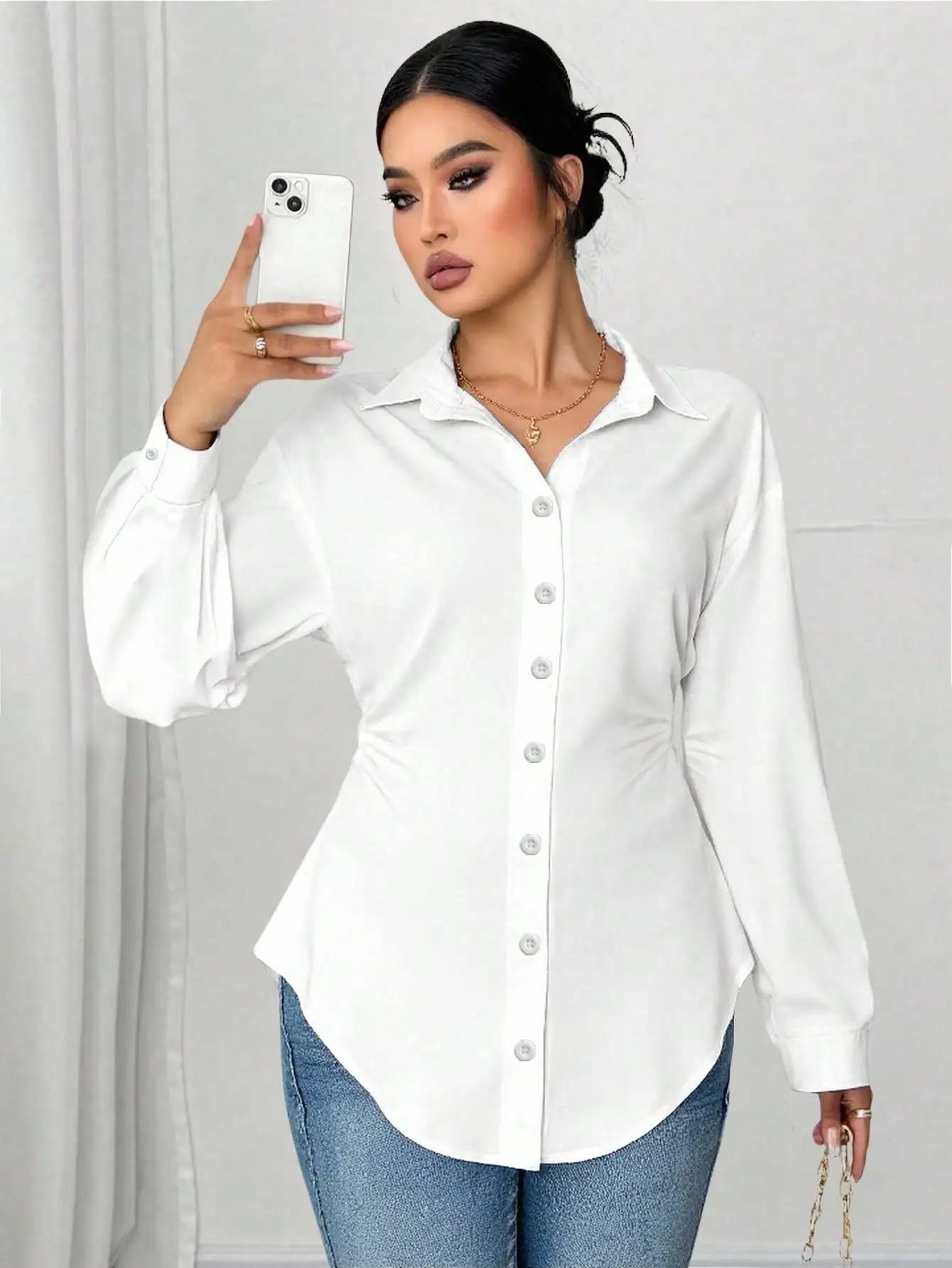 

Женская блузка больших размеров с длинным рукавом, на пуговицах, с приталенной талией, повседневная свободная белая рубашка