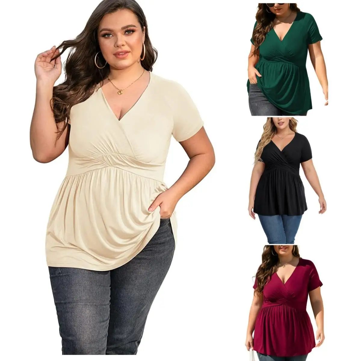 

plus Size Women's T-irt Collar Top Large Women's Clothing Ciwalk ort Sve Zipper Side Opening Other Sle Regular Fabric