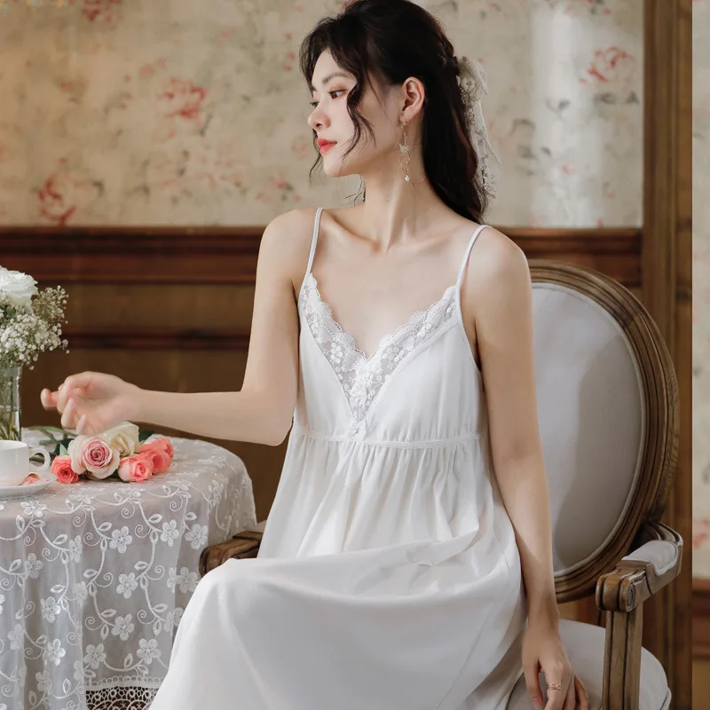 Sexy Lace Cotton Night Dress Women Sleeveless Fairy Blue V Neck Sleepwear Princess Nightwear Embroidery Vintage Mini Nightgowns