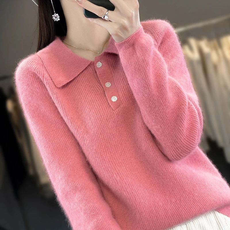 RONGYI Autumn And Winter New 100% Mink Cashmere Lapel Women\'s Solid Color Loose Pullover Knitted Padded Warm Long Sleeve Top