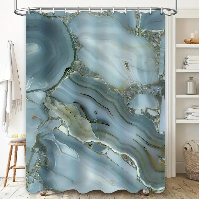 Blue Marble Shower Curtain Waterproof Bathroom Decor Modern Floral Print Shower Tarpaulin for Home Decoration (White) [Image]