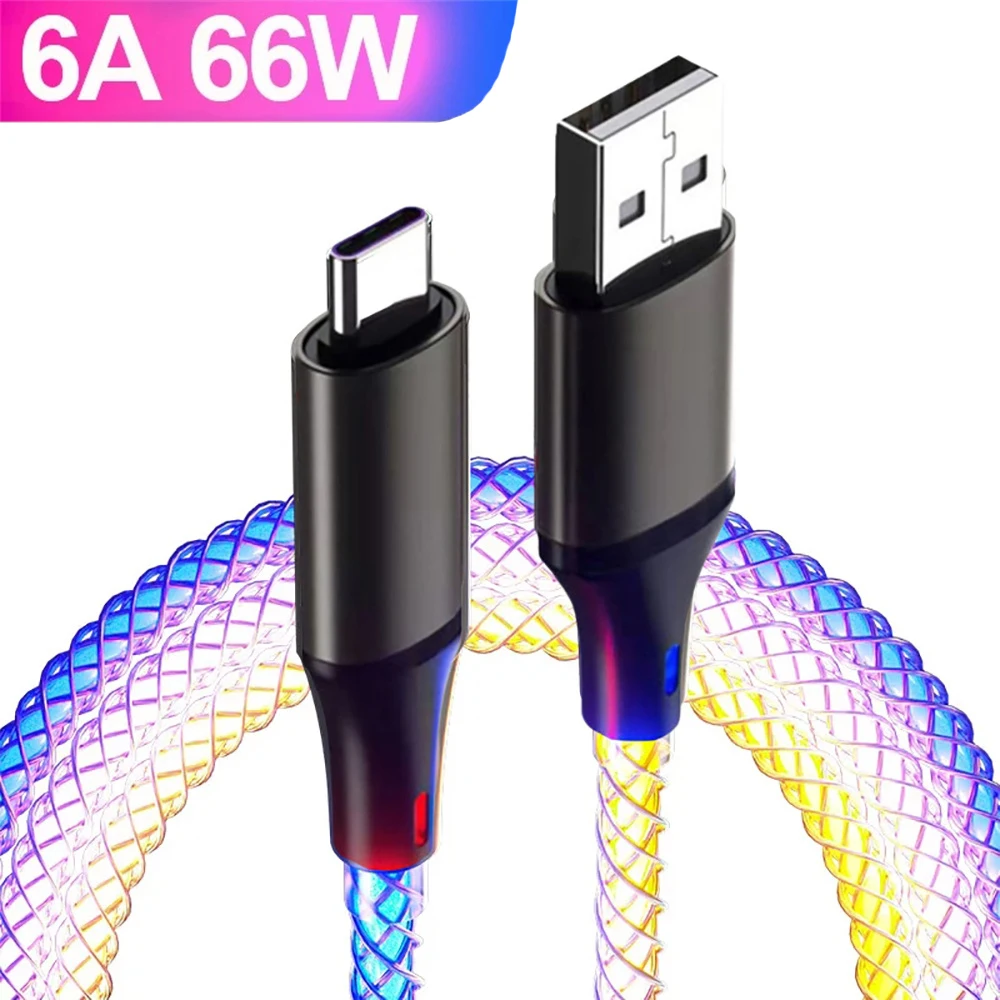 6A 66 واط USB C كابل متوهج شحن سريع شاحن بيانات الحبل عالية السرعة نقل البيانات سلك نوع C إلى نوع C سلك بيانات الشحن السريع #1