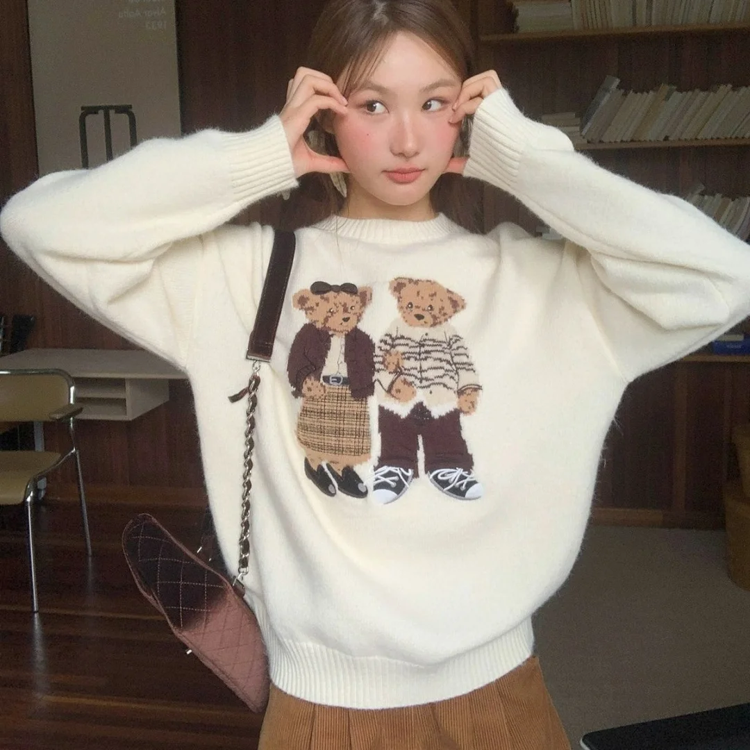 Fashion Lovely Women Cartoon Jacquard Sweater Loose Retro Jumper Winter Autumn Cute Bear Pattern Sweaters Pullover Korean Trendy