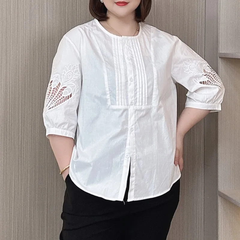 Hollow Embroidery Half Sleeve Shirt Women\'s Summer New Plus Size Loose Temperament Top