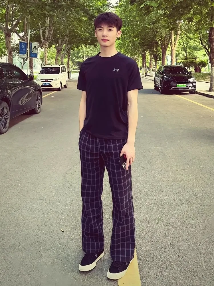

Cleanfit Casual Plaid Pants Men's Summer Thin Retro Straight Leg Flared Pants Loose Fit Low Waist Long Trousers Trendy Sle