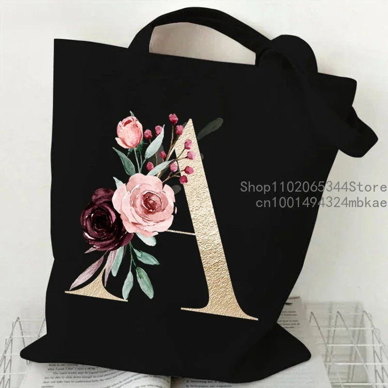 Pink Flower Alphabet Pattern Canvas Shoulder Bag Women A-Z 26 Alphabet Floral Graphic Tote Bags 26 Initials Women Shopping Purse