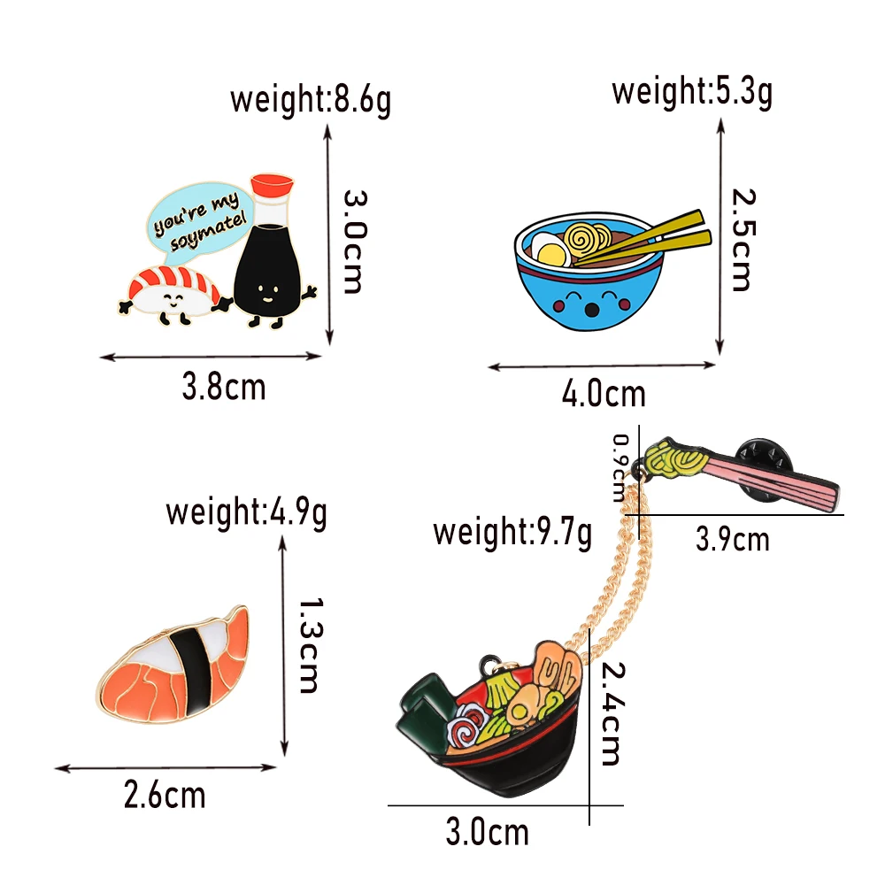 Cartoon Food Enamel Pins Japanese Sushi Ramen Noodles Vinegar Brooches Bag Shirt Collar Decorative Lapel Badge Jewelry Whoelsale