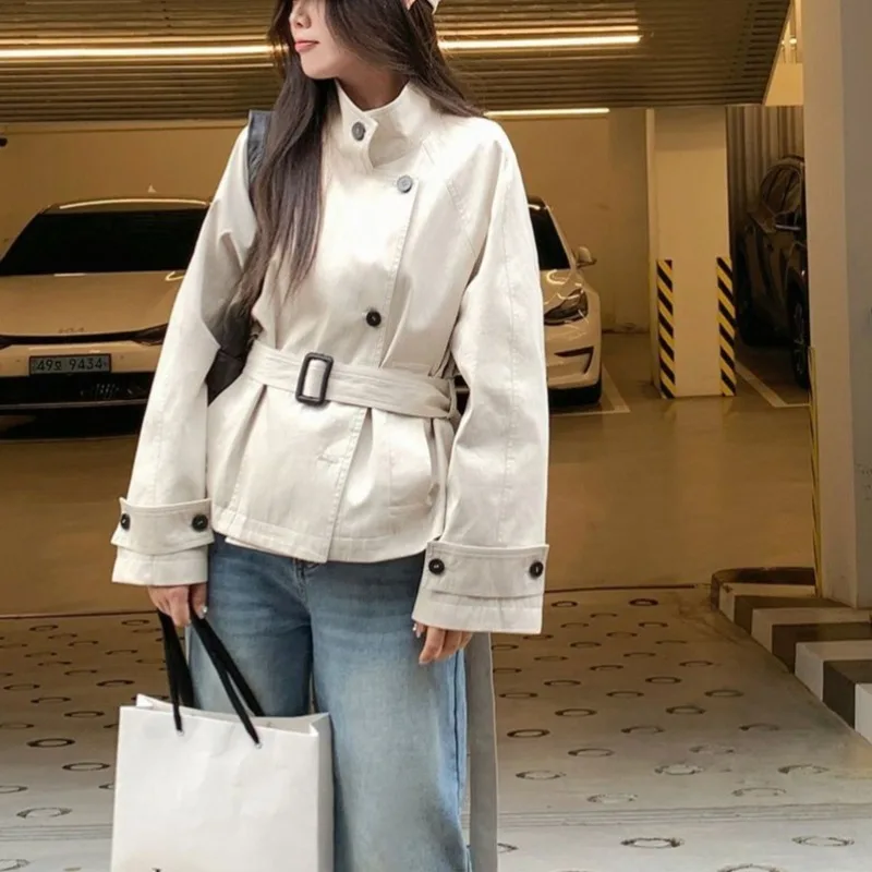 

Women Autumn Spring Short Trench Coat Fashion Solid Double Breasted Belt Female Elegant Street Windbreaker Outerwear Jacket