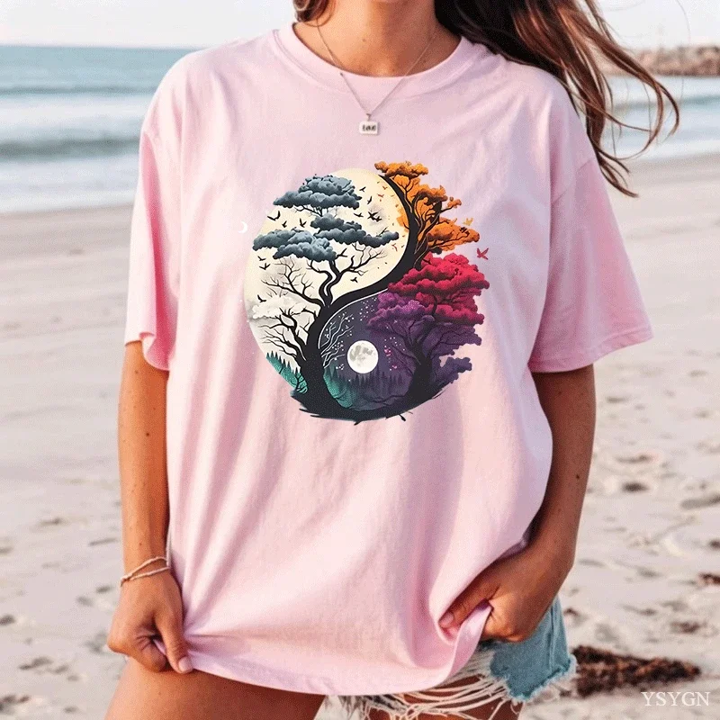 Yin-Yang Nature-inspired Pattern Loose T-shirt Tree Design Moon and Flying Birds Printed Tshirts Nature Lovers and Outdoor Tops