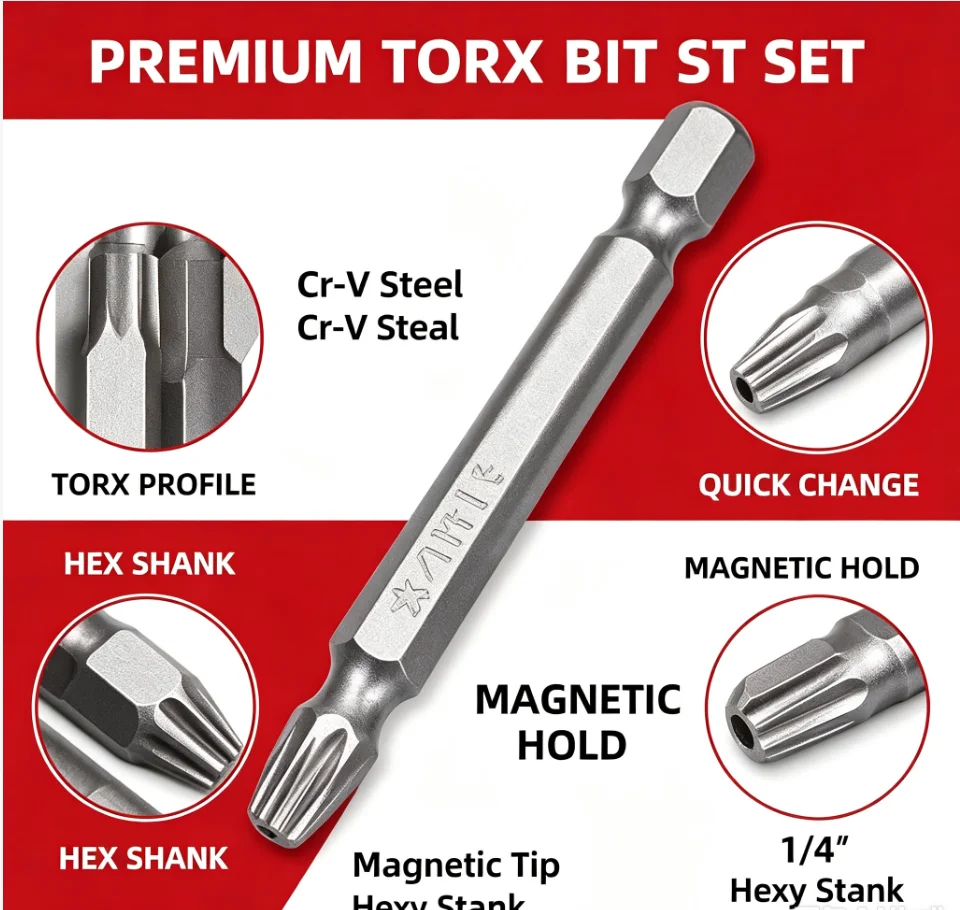 Hex Shank Magnetic Head Torx Screwdriver Alloy Steel Bit 100mm T7/8/9/10/15/20/25/27/30/40 Security Tamper Proof Star