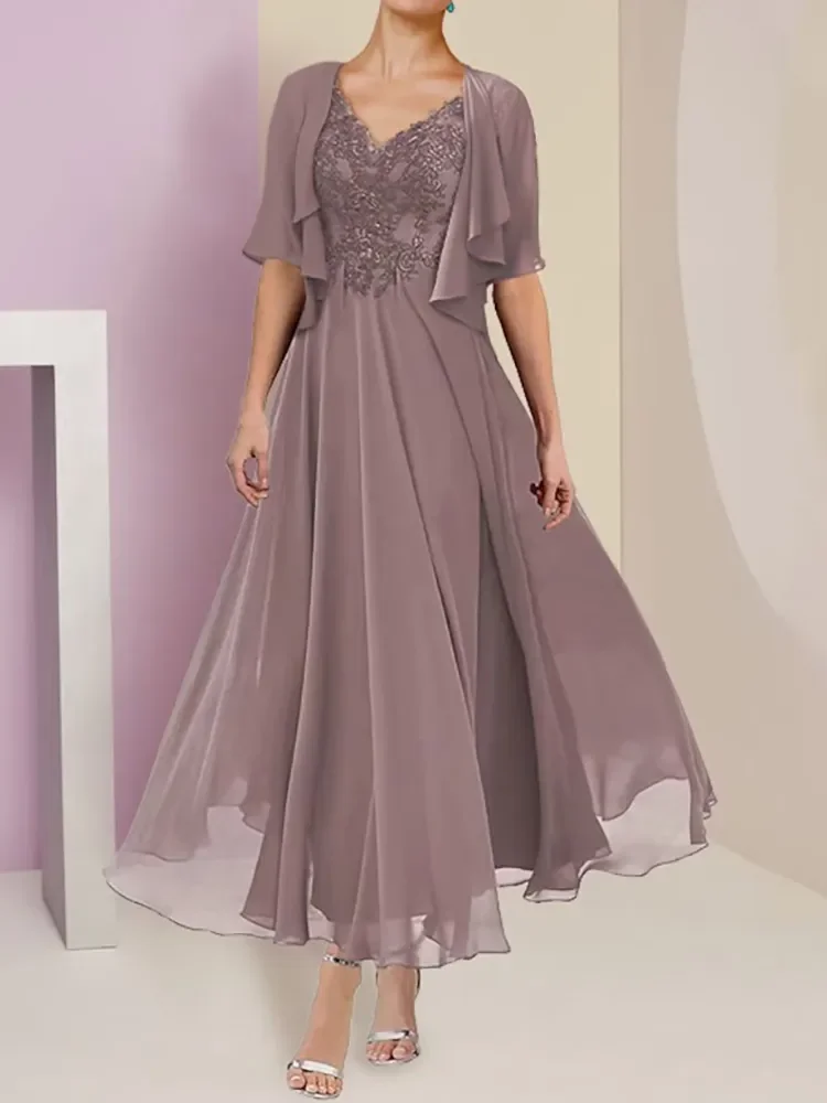 MANRAY Two Piece Mother of the Bride Dresses 2023 Appliques V-Neck Short Sleeve Ankle-Length Formal Elegant Wedding Guest Gown