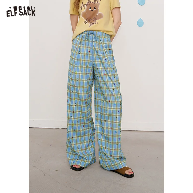 

ELFSACK 2025 Summer New Arrival Loose Casual Clash Of Colours Plaid Star Wide Leg Trousers Leisure Straight Trousers For Women