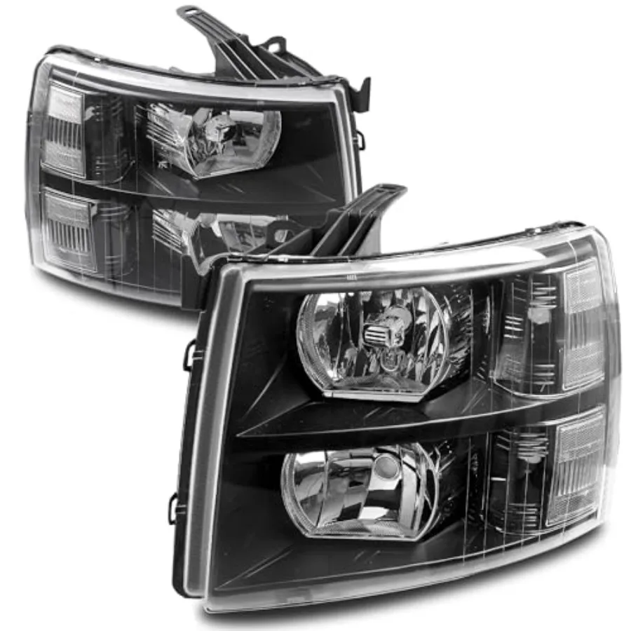 

Headlight Assembly Compatible with 2007-2014 Chevy Silverado 1500 2500HD 3500HD Replacement Headlamp Black Housing Clear Reflec