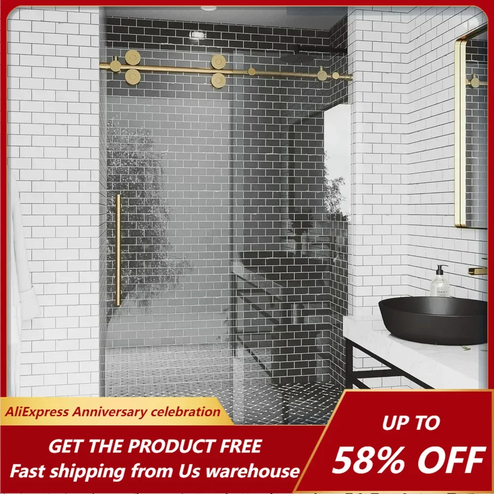 

Adjustable Frameless Sliding Shower Door with Clear Tempered Glass, Matte Gold, 56-60 in. W x 74 in. H, Shower Door