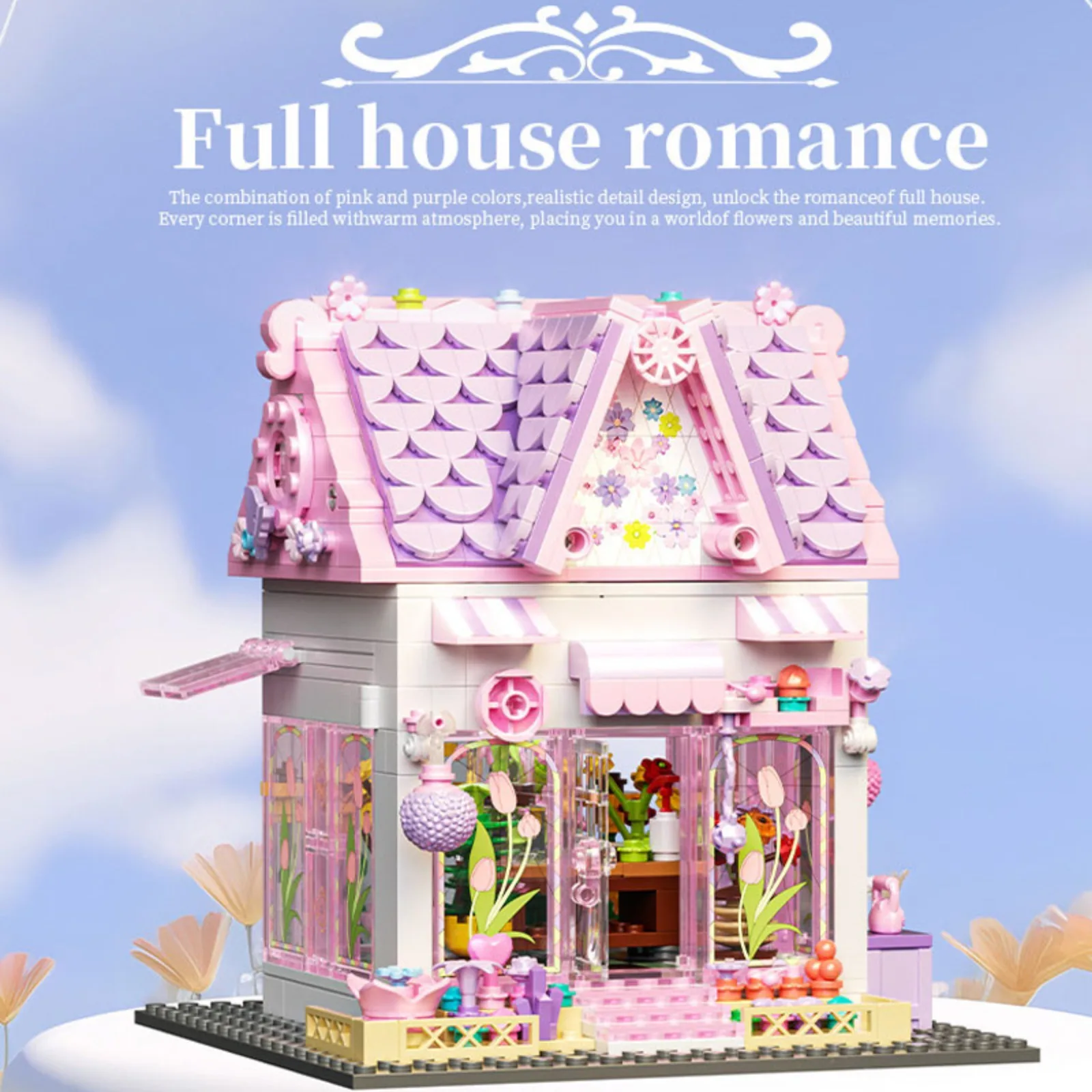 705 ชิ้นสีชมพูโรแมนติกดอกไม้ House Building Blocks ชุดสถาปัตยกรรม DIY ของเล่น