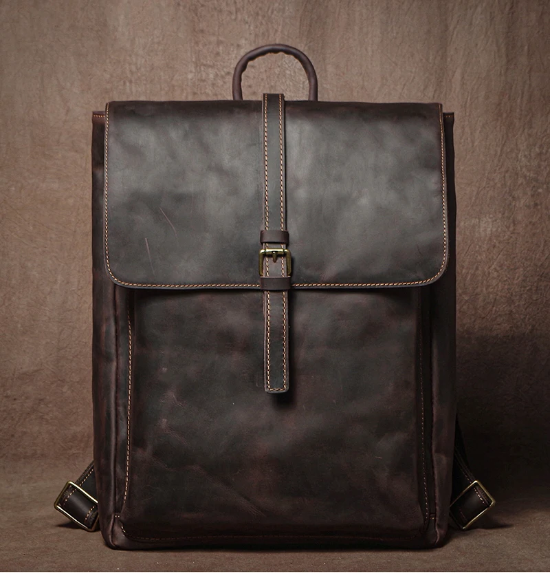 GURO Men's Retro Genuine Leather Backpack Simple Flap Travel Bag Women Natural Cowhide Deluxe Schoolbag Daily Commuter Backpacks