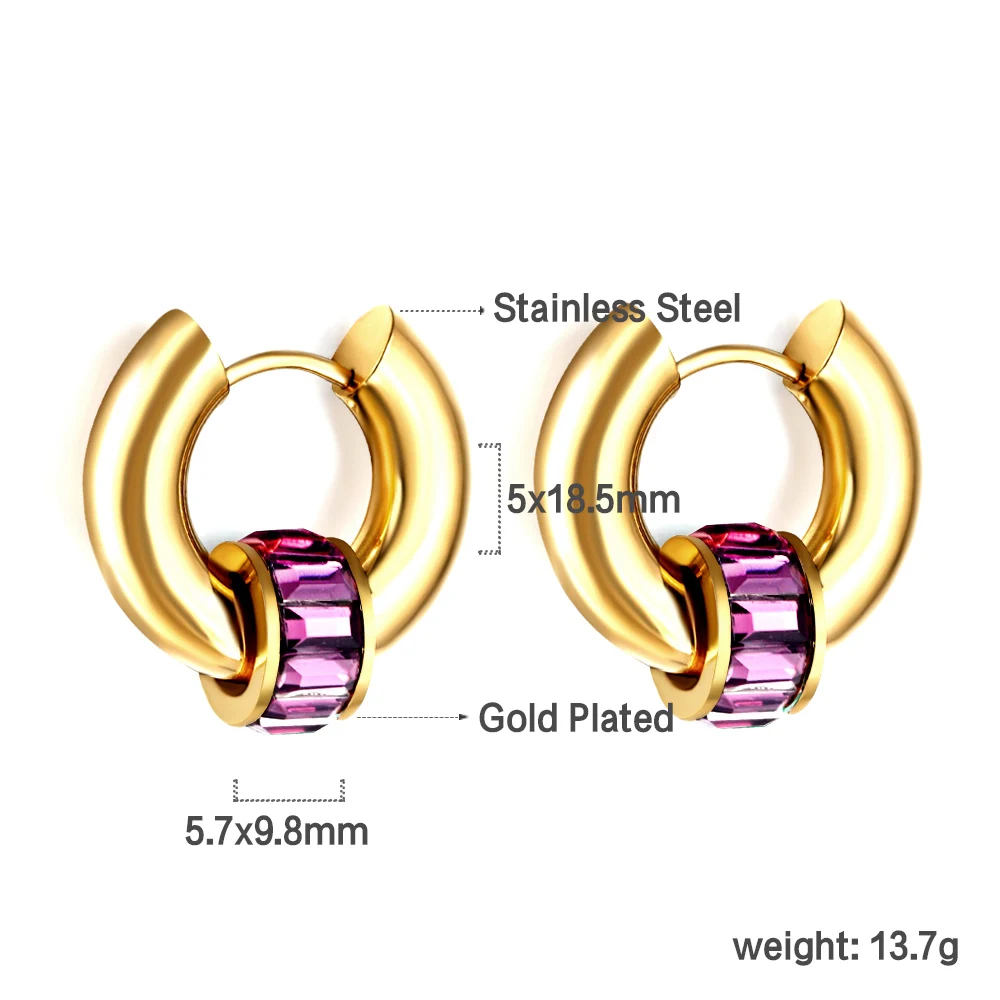1Pairs Round Circle Hoop Earring With Purple White Green Cubic Zirconia Stainless Steel No Fade Geometry Vintage Jewelry Party