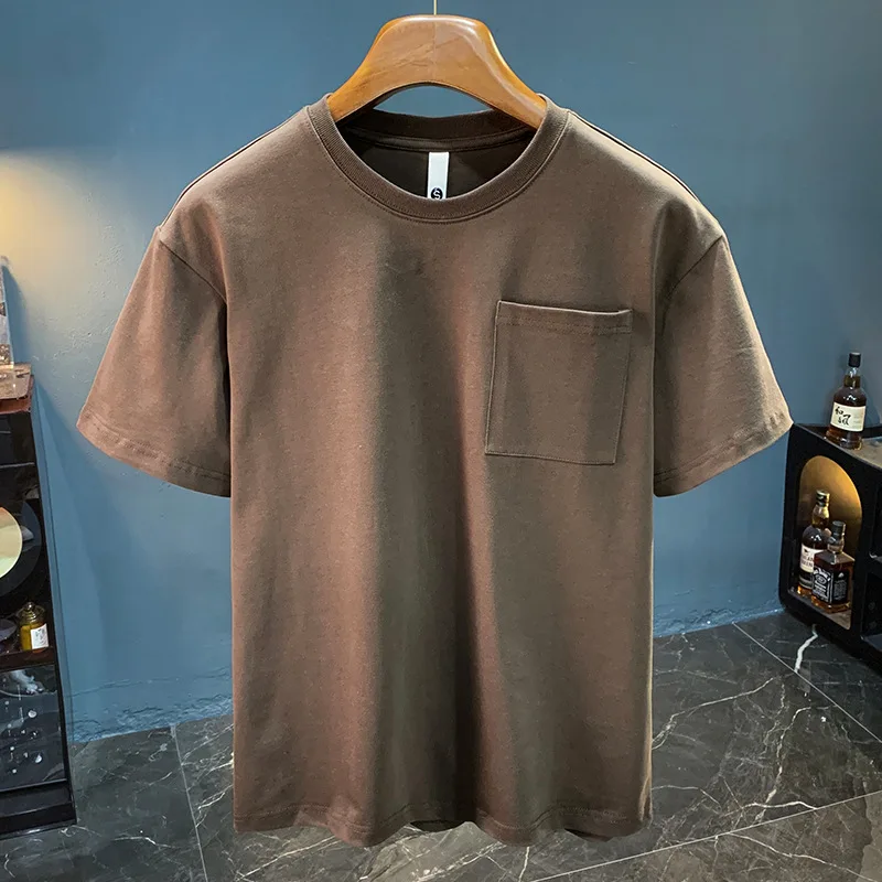 

Summer 2025 solid color versatile pocket style short sleeved T-shirt for men's casual simple round neck tops