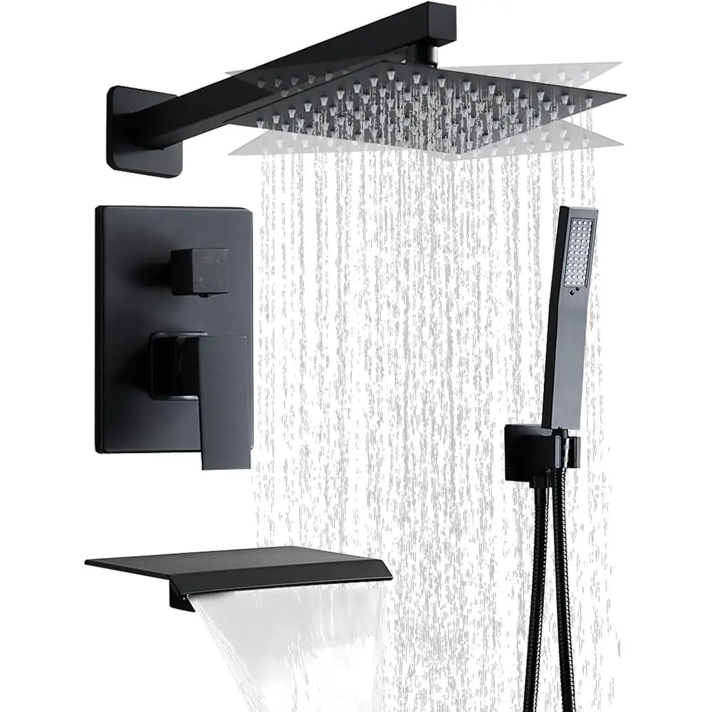 10 Inch Matte Black Shower Set with Tub Spout, Rain and Handheld Showers, Wall Mount Combo