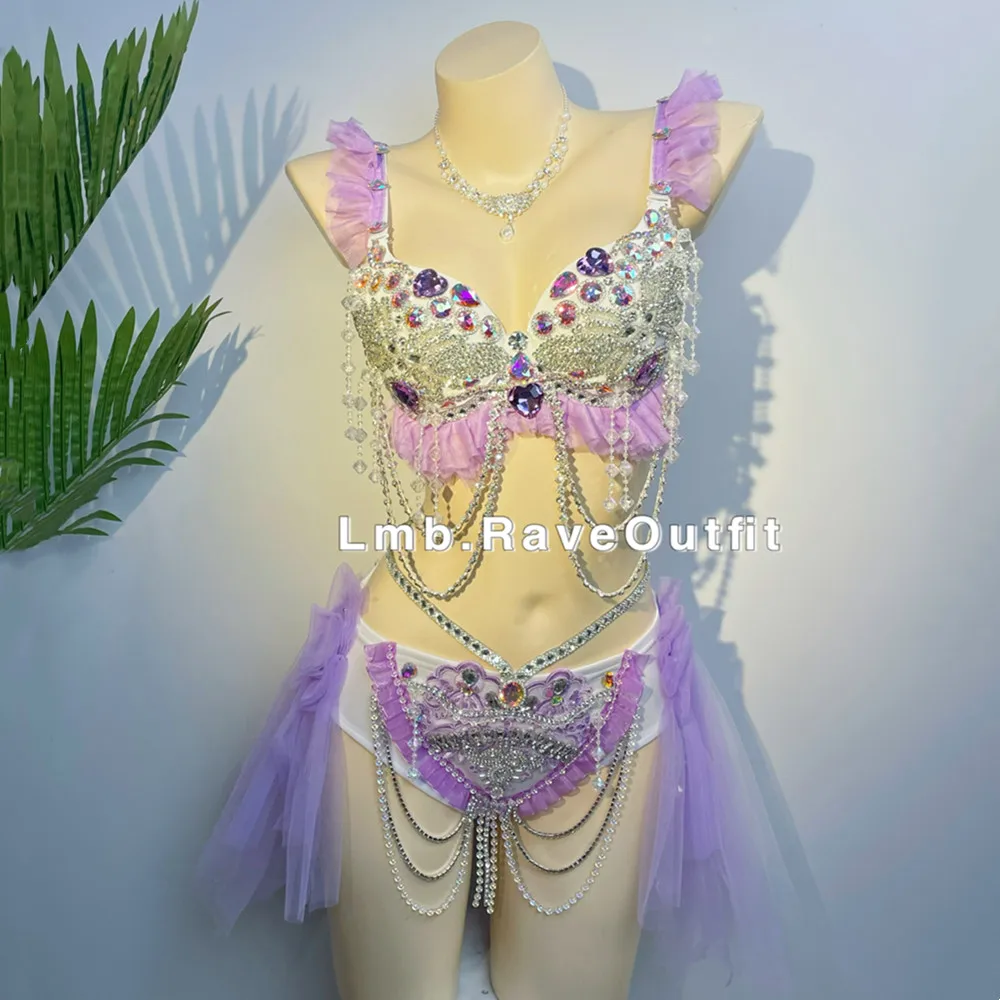 Purple Rhinestones Bikini Sexy Stage Carnival Party Rave Outfit Music Festival Clothing Women Model Catwalk Performance Costume