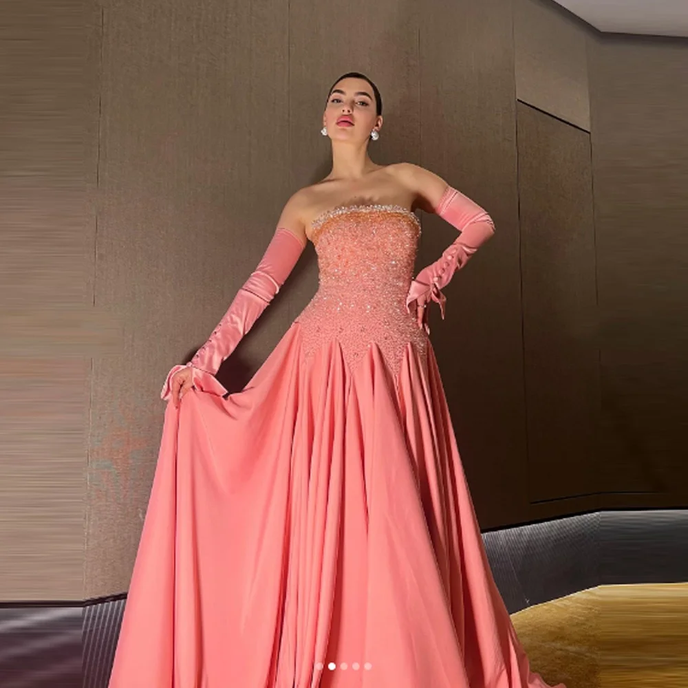 تخصيص كلاسيكي الوردي جيرسي مساء اللباس الرسمي حمالة أكمام فساتين لحضور الحفلات الموسيقية حساسة ألف خط الديكور فساتين المشاهير