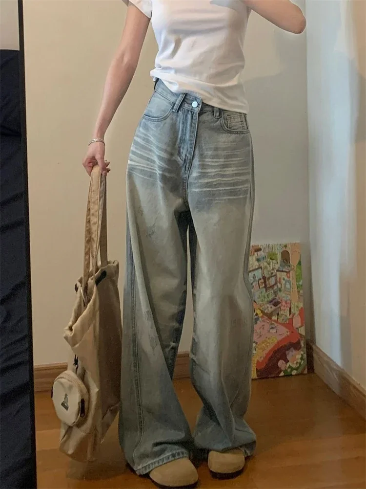 Women's Wide Leg Scratched Vintage Color Jeans American Style Pants Casual Streetwear Female High Waist Loose Straight Trousers