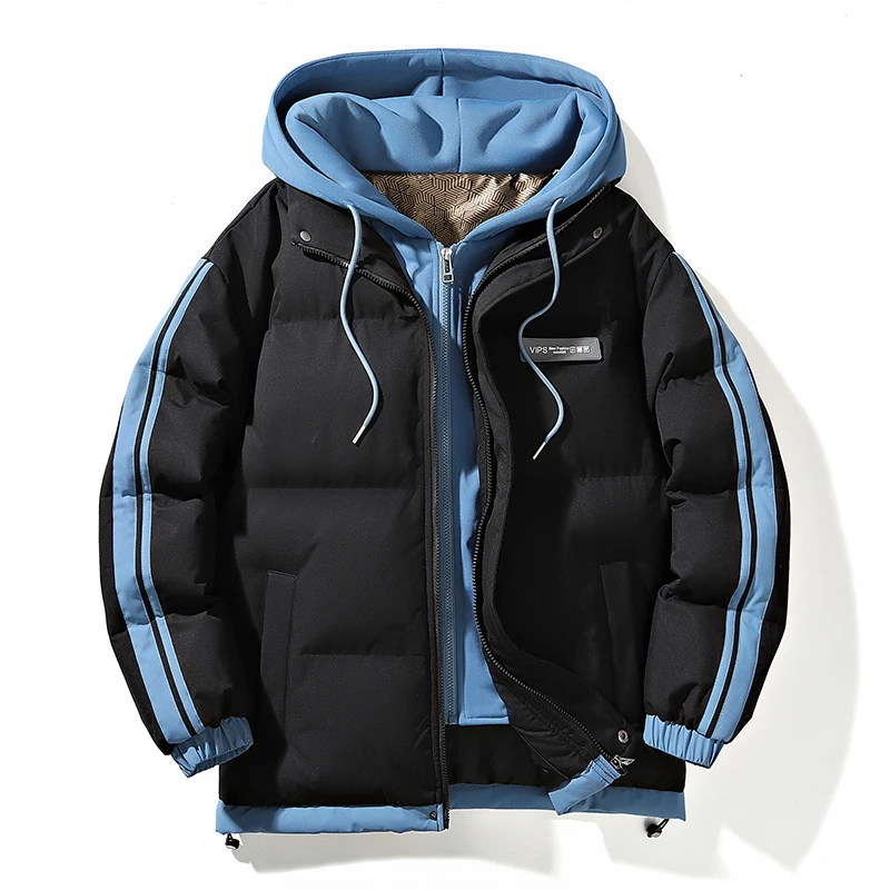 2026 Winter Men Cotton-Padded Coat Oversized Fake Two-Piece Parkas Warm Thick Bread Jackets Plus Size Hooded Tops M-4XL