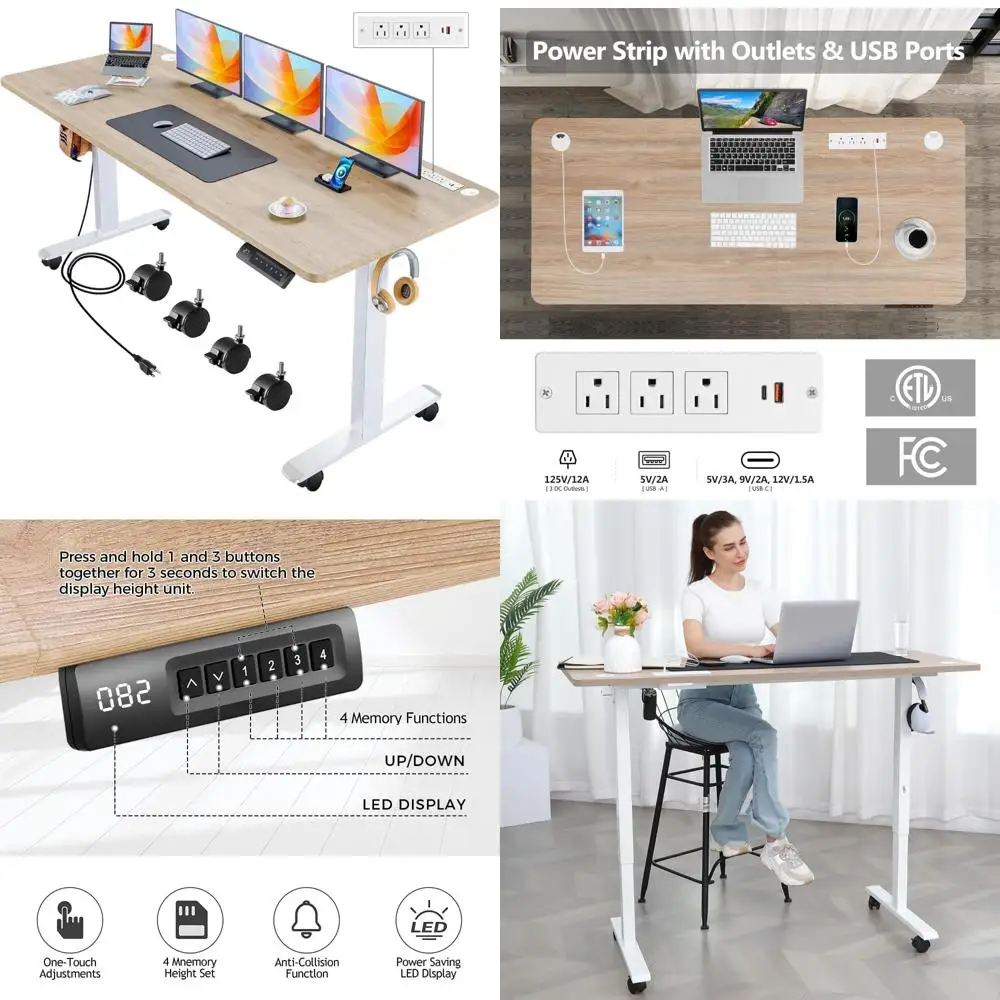 مكتب قائم كهربائي بارتفاع قابل للتعديل مع عجلات، مكتب 63 × 24، محطة شحن، 2 منفذ USB، 3 منافذ #1