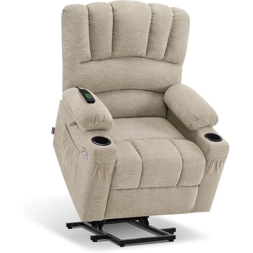 Power Lift Recliner Chair Sofa with Massage and Heat for Elderly People,Side Pockets, Fabric 7095 (Medium-Regular, Beige)