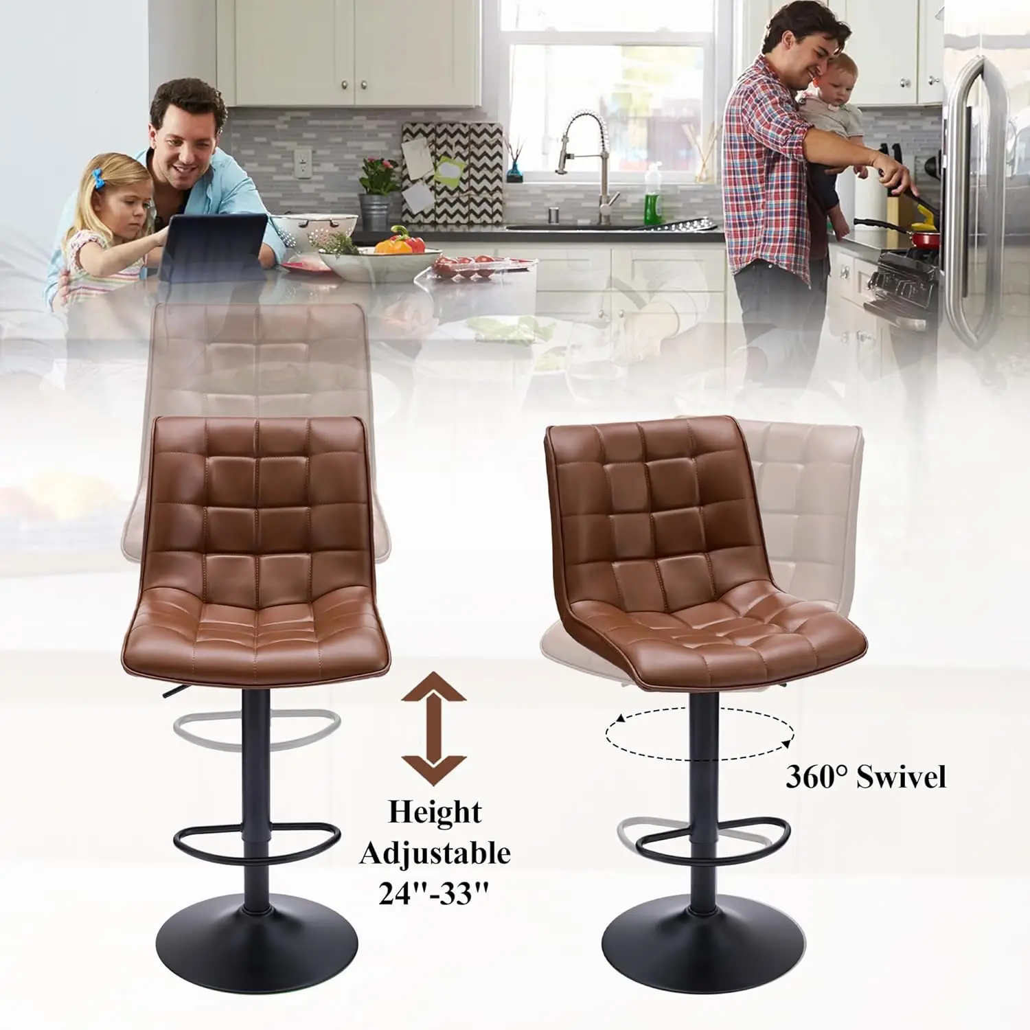 Swivel Bar Stools Set of 2 with Backs, Adjustable Height 24'-33', Modern Brown Faux Leather Kitchen Bar Stools