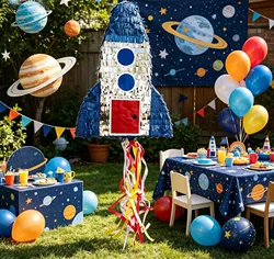 1PC/Box Pull String Rocket Ship Pinata Outer Space Party Decorations for Astronaut Themed Birthday  Space Themed Party Supplies