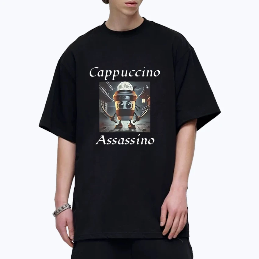 

Trendy Cappuccino Assassino Graphic Oversized Tee shirt Men Women streetwear Cotton Unisex short sleeve t-shirts Hip Hop Tops