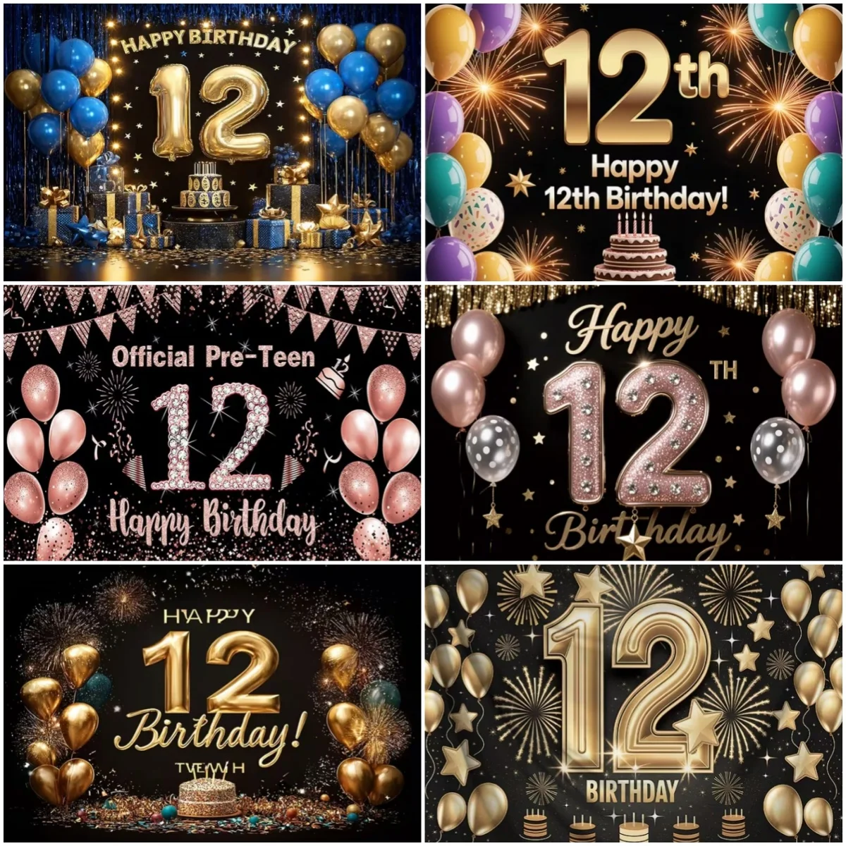 

Happy 12th Birthday Banner Black Gold Balloon Background Party Decoration Boys Girls Birthday Photography Backdrop Kids Gifts