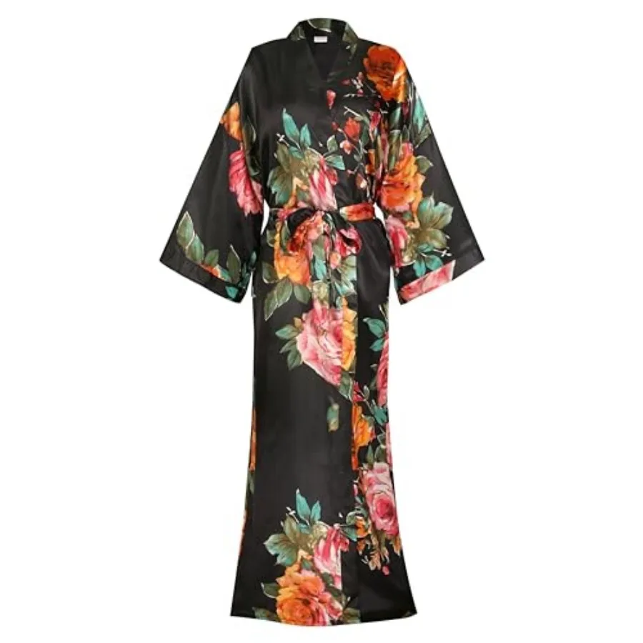 

SPLASHGRIP Women's Robe Long Satin Silky Floral Kimono Bathrobe Lightweight Bridesmaids Wedding Party Sleepwear