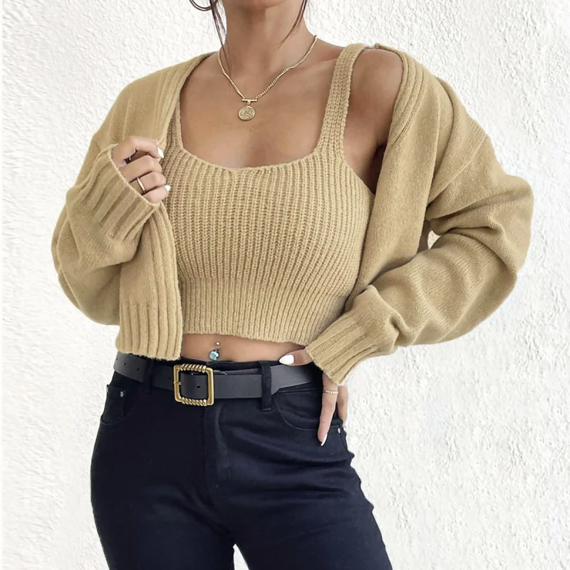 

Short Coat Wild Thick Cropped Strap Sweater Two-Piece Set