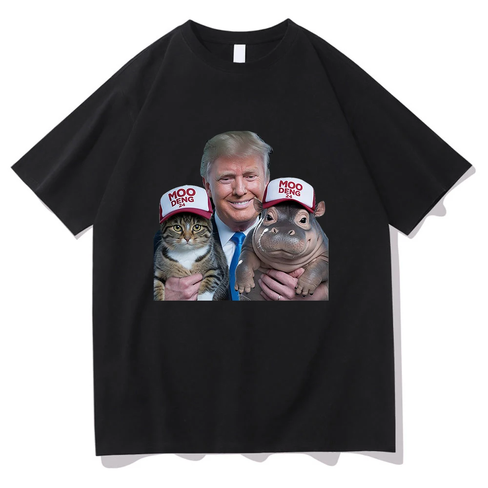 Trump 24 with Moo Deng The Hippo Tshirts Funny Men/women Clothing Unisex Cotton Short Sleeve Tops Graphic TShirt Vintage Clothes