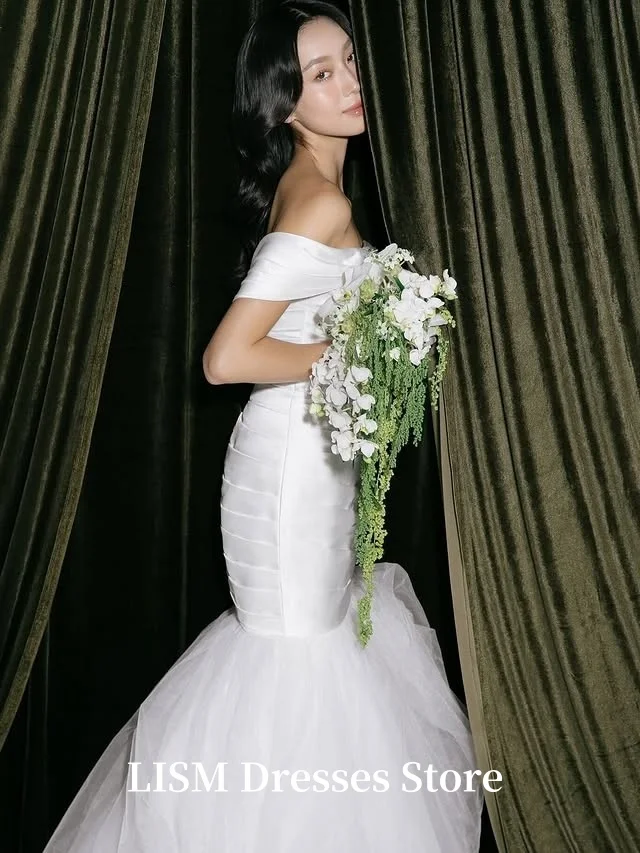 LISM 오프 숄더 머메이드 한국 웨딩 드레스 실크 Tulle Long 맞춤형 요정 신부 가운 웨딩드레스 사진 촬영 코르셋