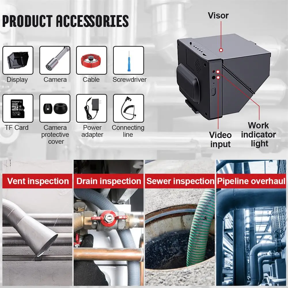 Imagem -06 - Câmera Industrial do Endoscópio Esgoto do Dreno Inspeção da Tubulação Encanamento Monitor do Apoio 4.3 16gb Cartão Dvr Ip68 17 mm 22 mm