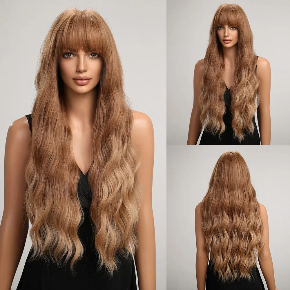 Long Wavy Synthetic Wig With Bangs Blonde Brown Women Wigs Daily Use Cosplay Party Natural Looking Heat Resistant Wig
