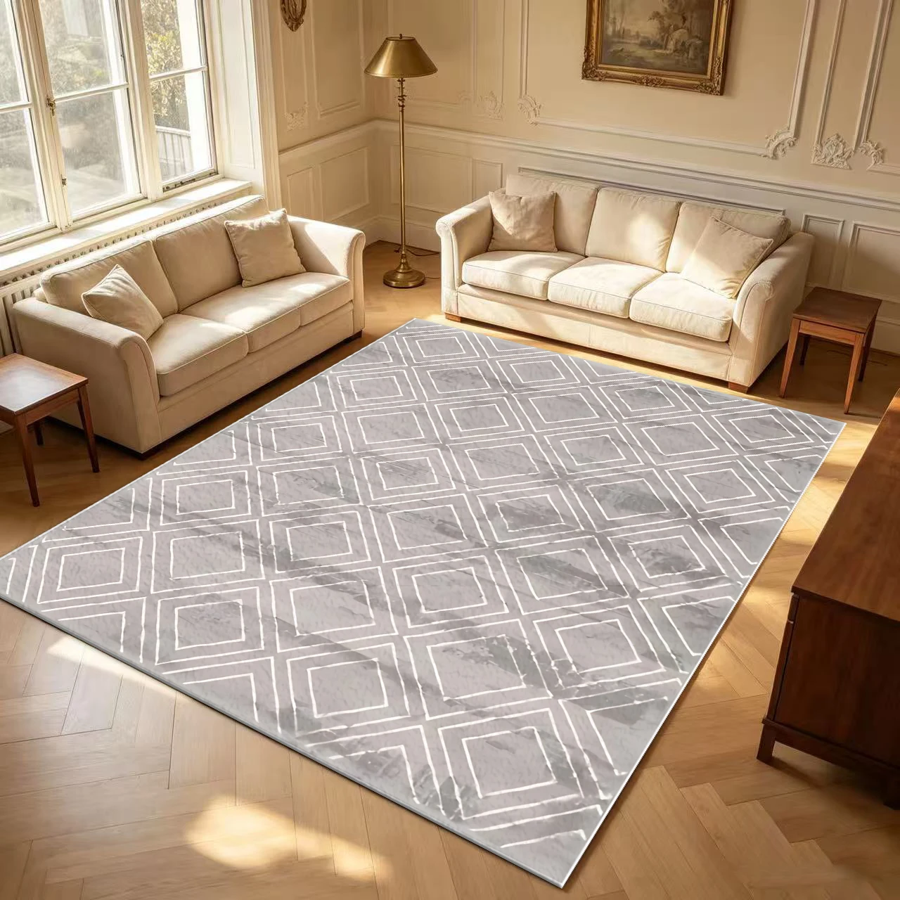 Light Grey White Hollow Diamond Geometric Carpet Flooring Washed Retro Texture Large Area Rug for Home Decoration