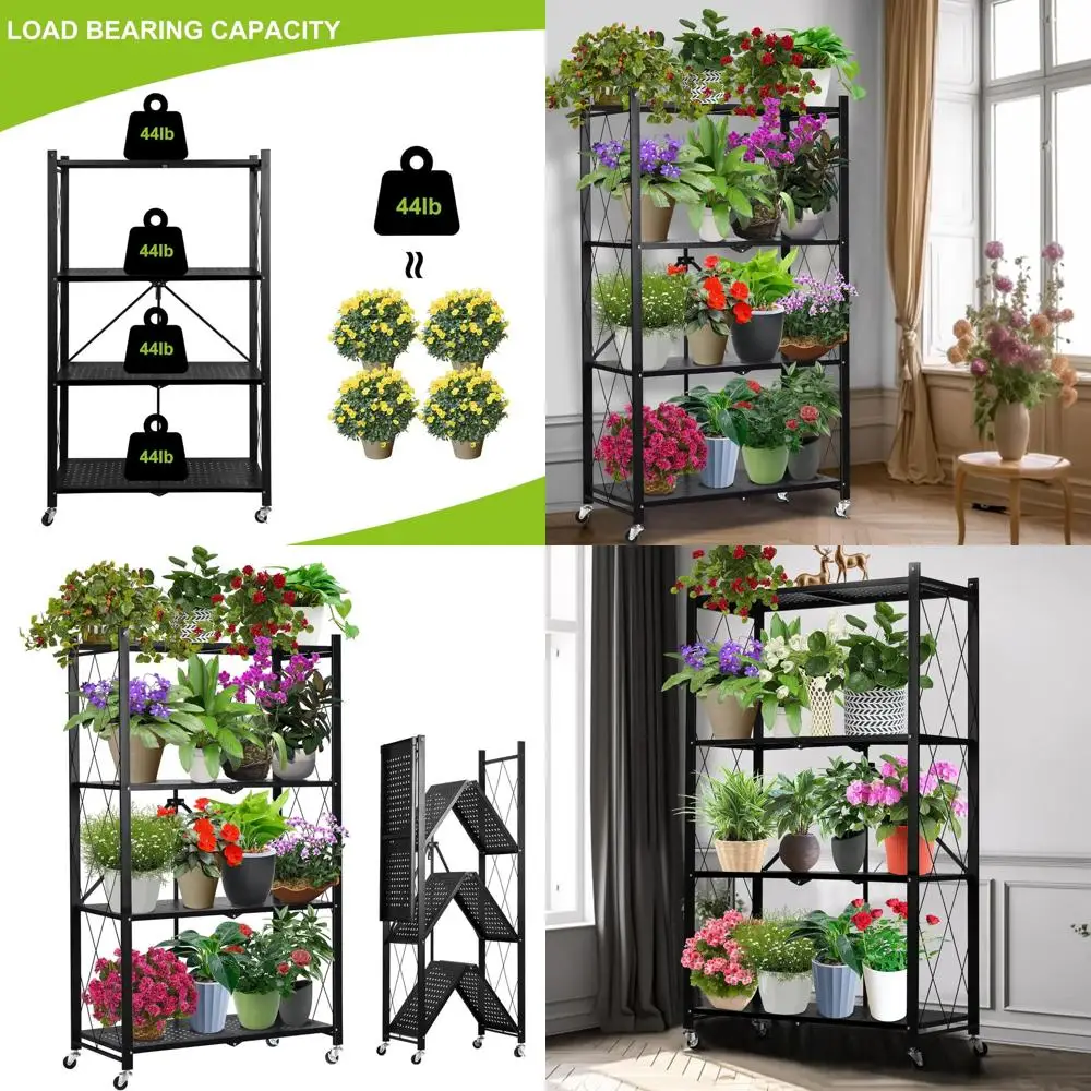 Rak Tanaman Logam Rak Tanaman Lipat Tanpa Perakitan Mudah Dipindahkan Rak Bunga 4 Tingkat dengan Roda untuk Ruang Tamu