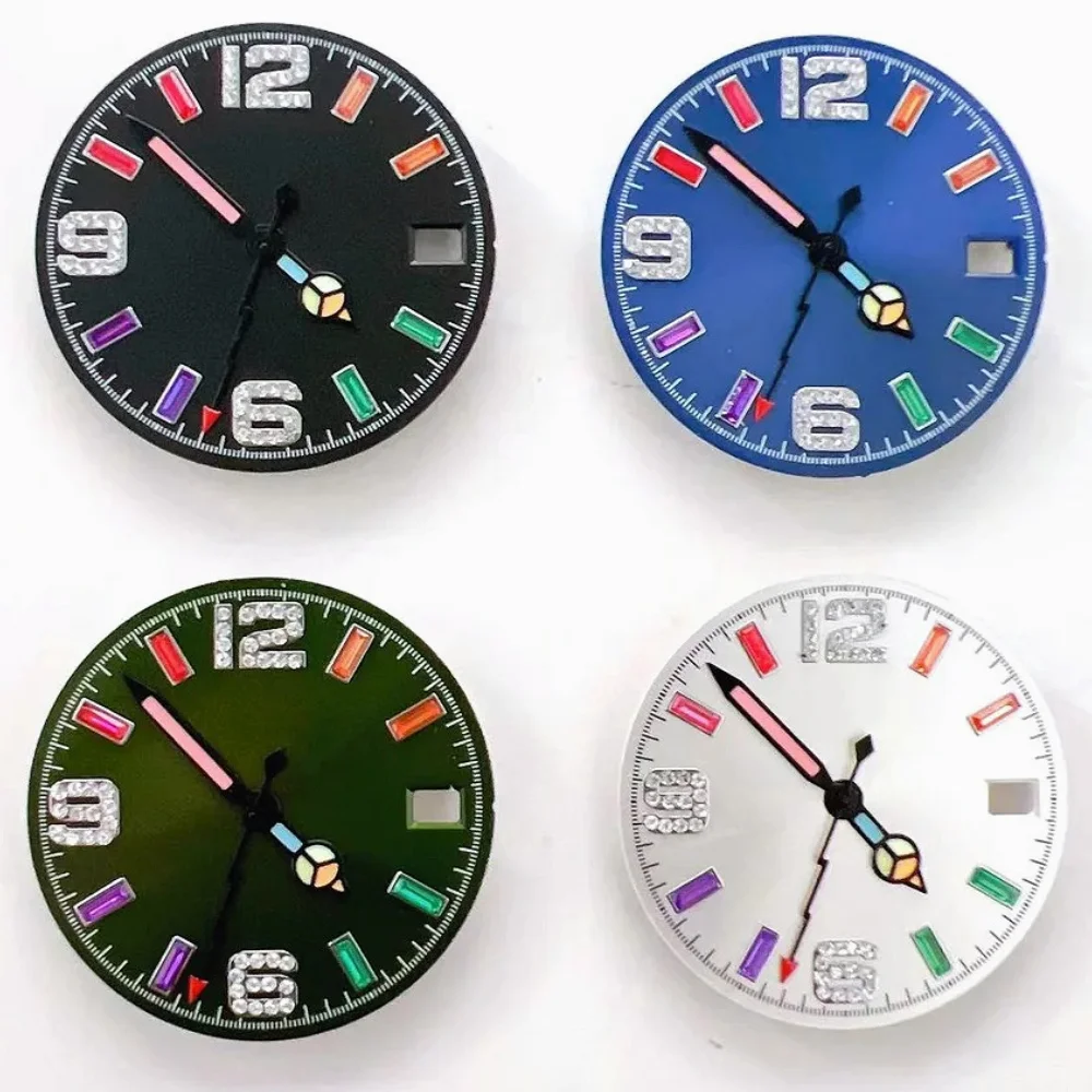 

New 28.5mm Sunburst Colorful Diamond Markers Watch Dial for NH35/NH36 Automatic Movement Mod Accessories Green Lume Hands