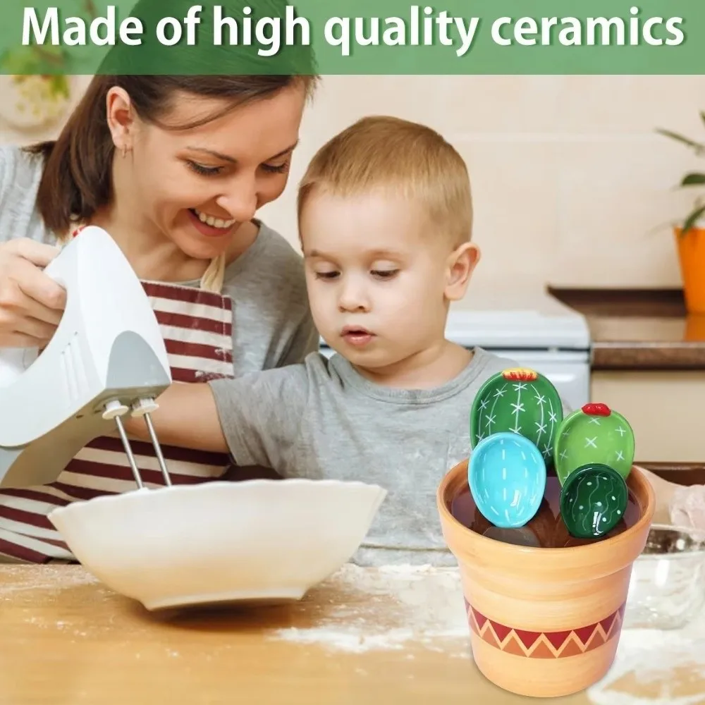 Soup Spoon Ceramic Measuring Spoons Set with Base Cactus Shape Kitchen Measuring Spoons Space Saving Flower Pot Spoon Baking Use